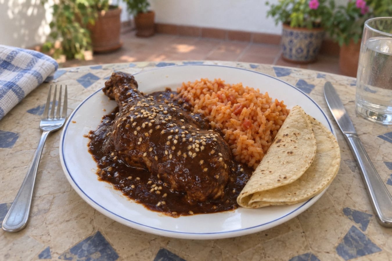 Pollo en mole – chicken in mole poblano with red rice