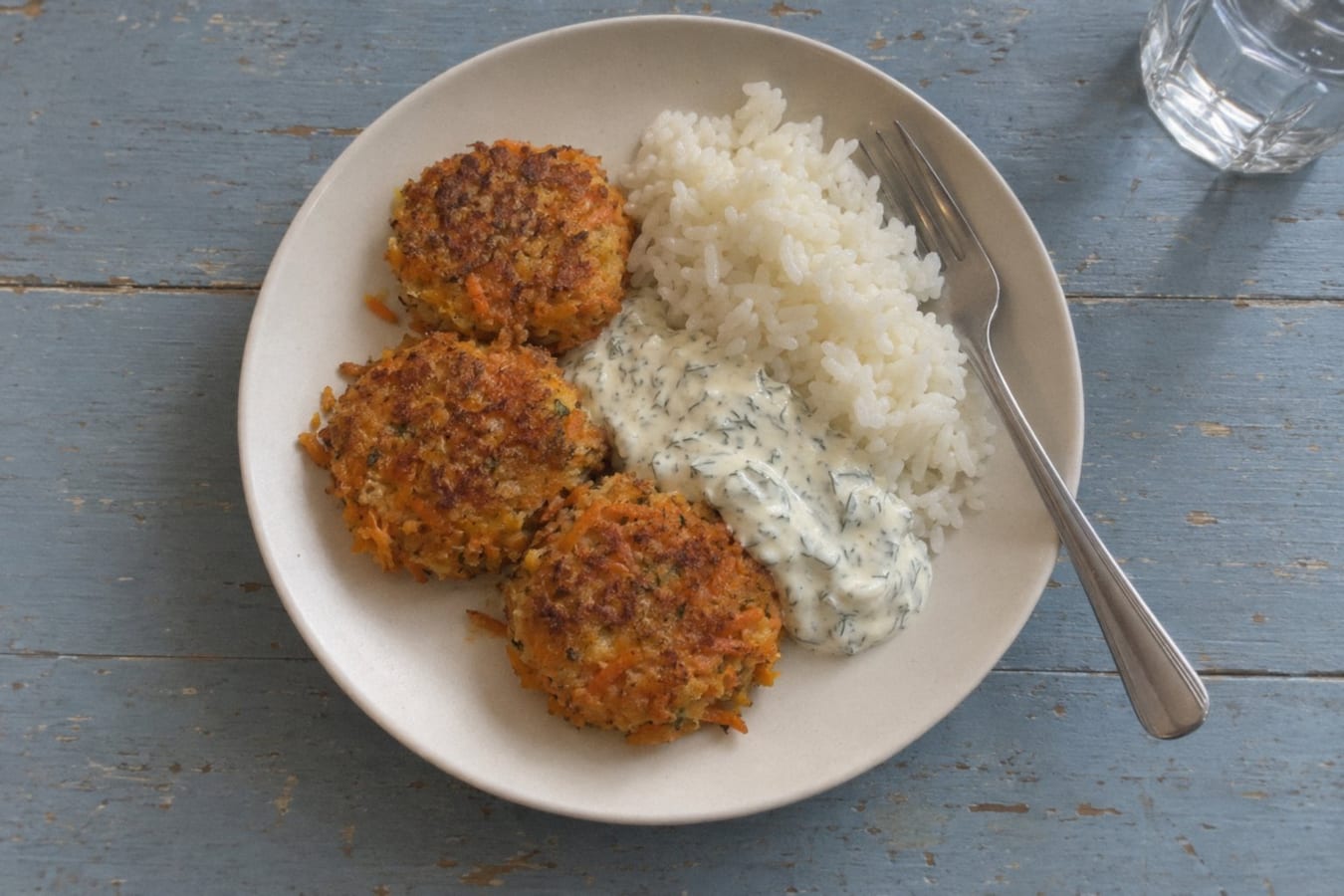 Carrot patties with dill cream and rice