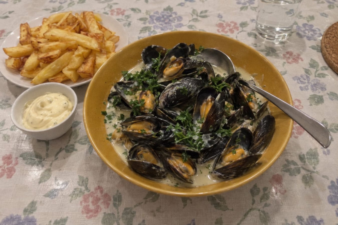 Mussels in white wine and cream with chips (moules frites)