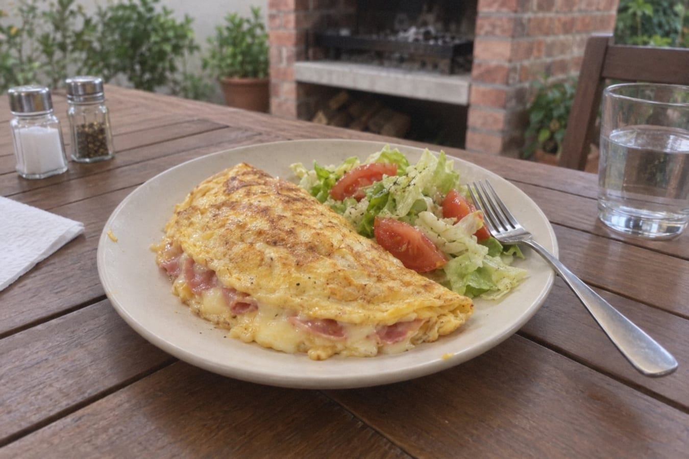 Omelette de jamón y queso con ensalada