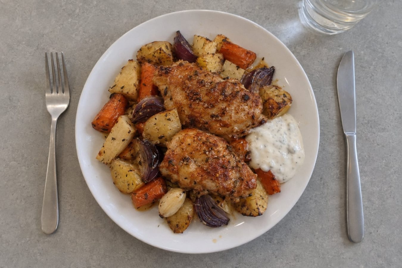 Roast chicken thighs with root vegetables