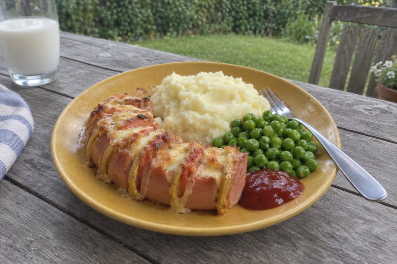 Falukorv (salchicha sueca) al horno con puré de papas