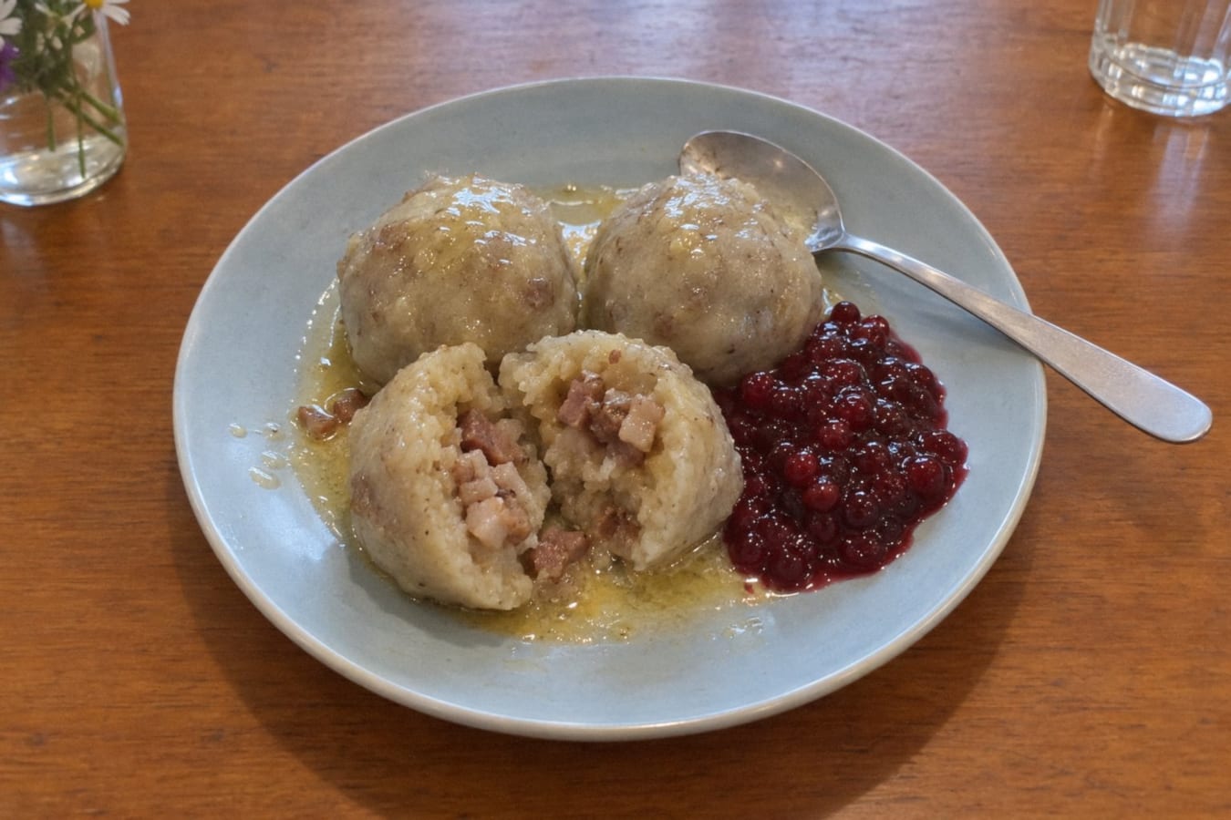 Palt – potato dumplings filled with salted pork, with lingonberries