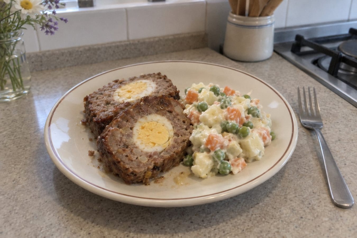 Pan de carne – meatloaf with egg and Russian salad
