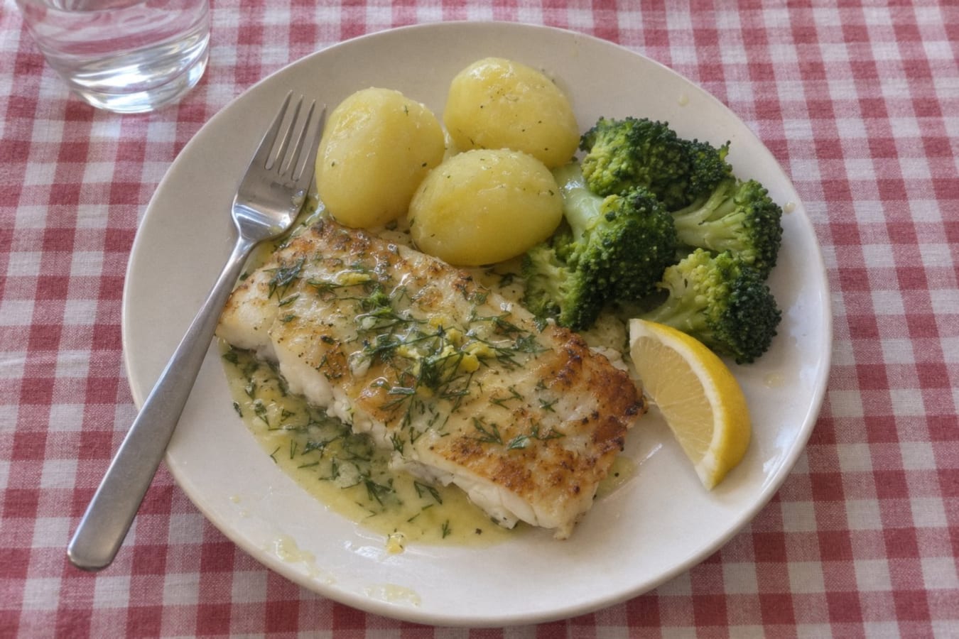 Pescado a la sartén con mantequilla de eneldo, papas y brócoli