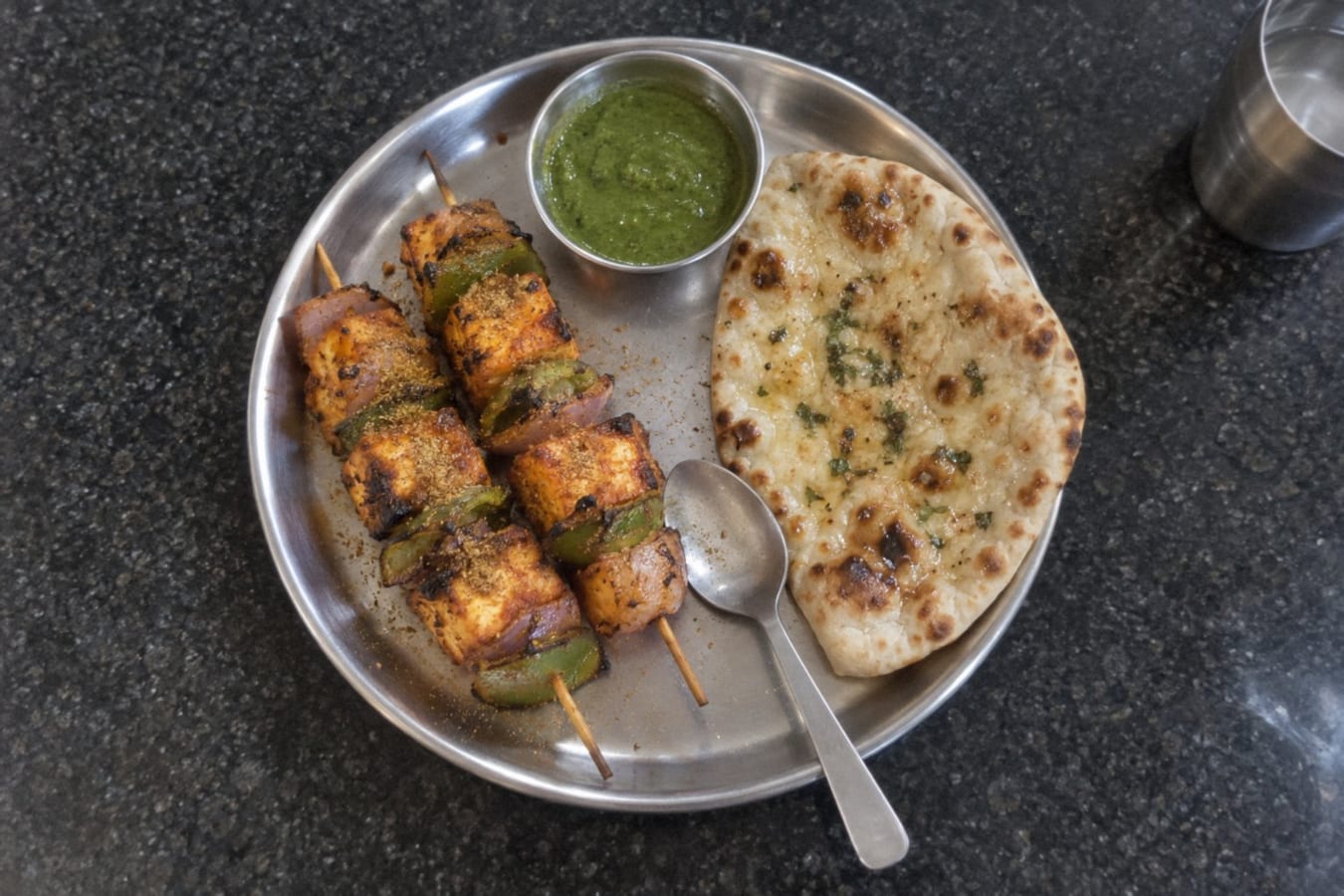 Paneer tikka with naan and green chutney