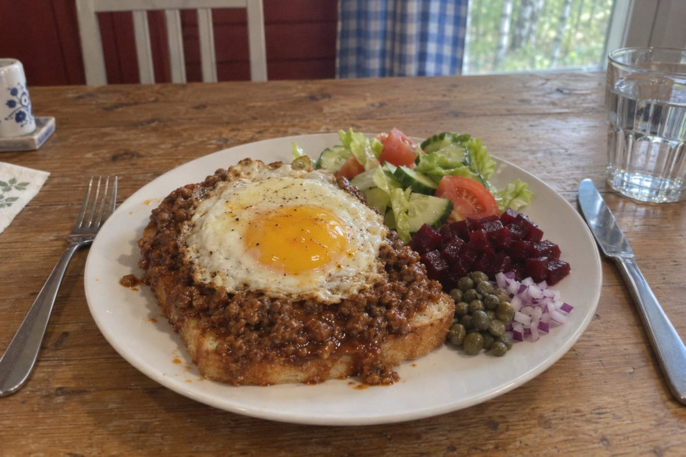 Parisare (pan frito con carne picada, huevo frito y remolacha)