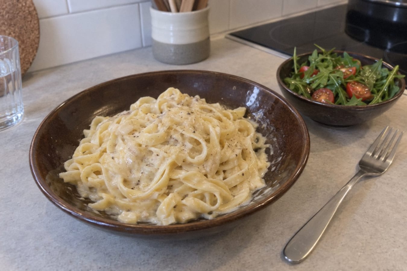 Pasta Alfredo med ruccolasallad