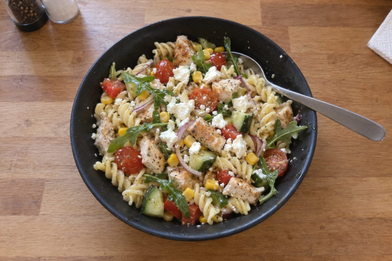Ensalada de pasta con pollo y queso feta