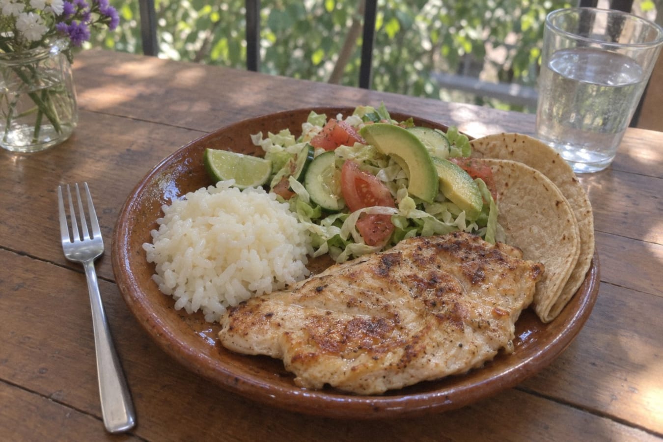 Pechuga asada con arroz y ensalada