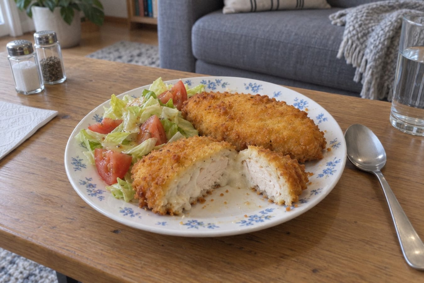 Chicken Villaroy – béchamel-coated fried chicken breast with salad
