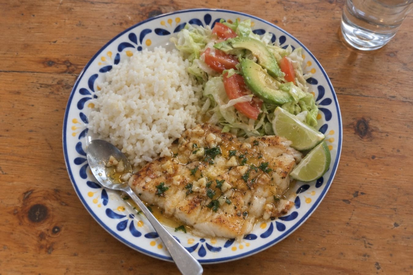 Pescado al mojo de ajo – fisk i vitlökssmör med ris och sallad
