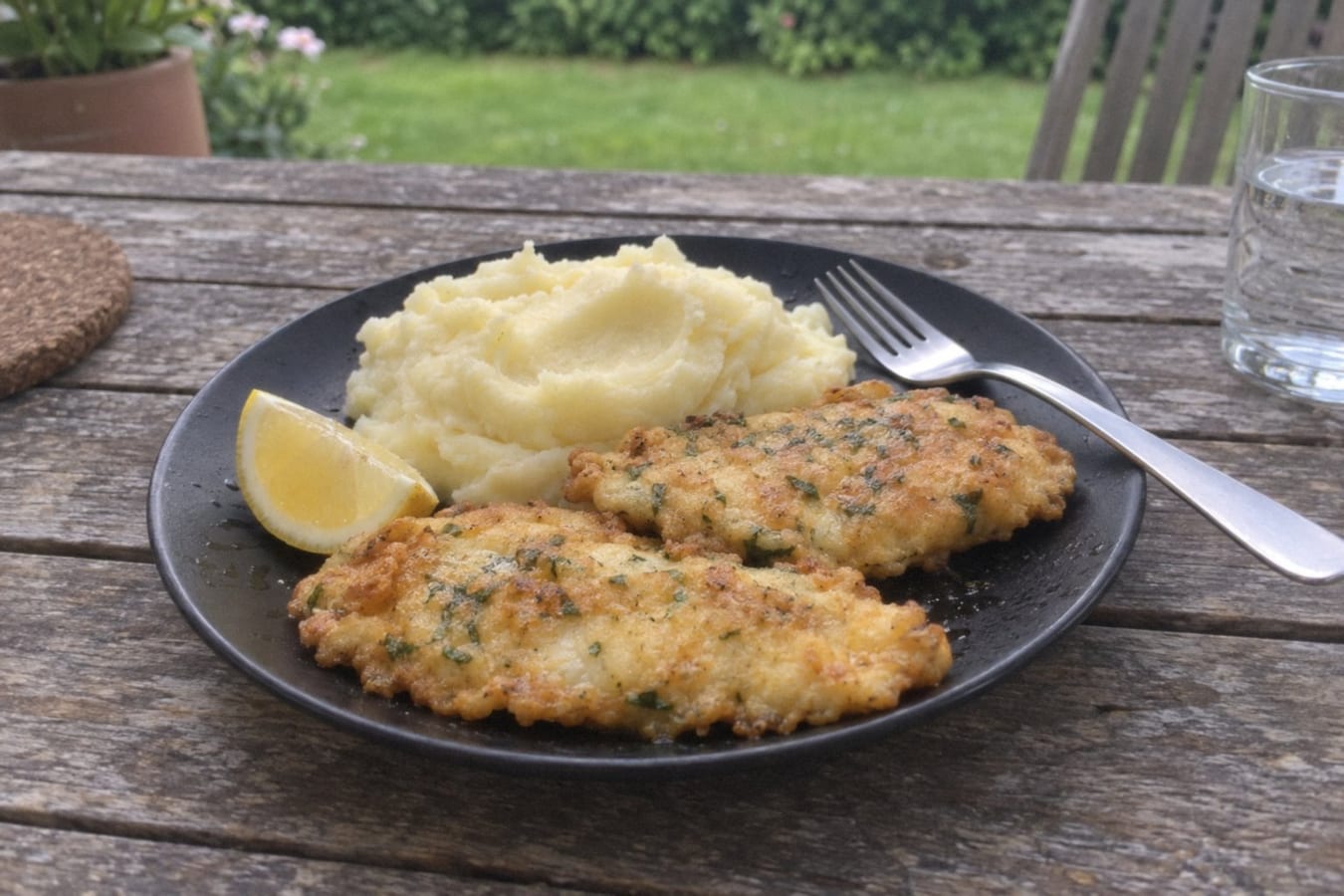 Merluza a la marinera – egg-coated fried hake with mash