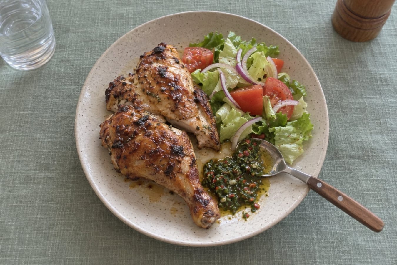 Barbecued chicken with chimichurri and mixed salad