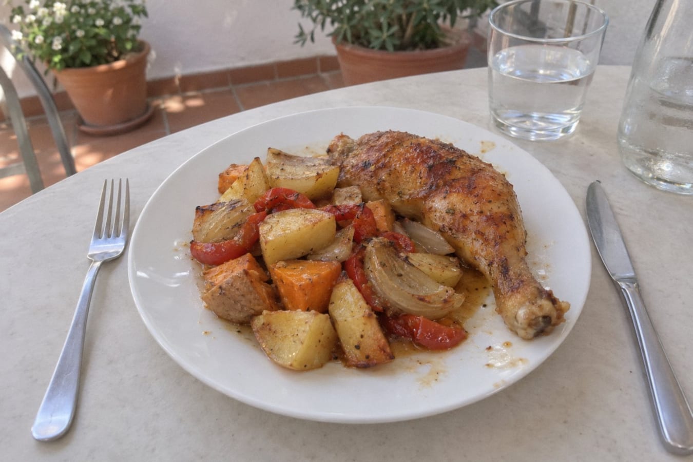 Ugnsstekt kyckling med potatis och sötpotatis
