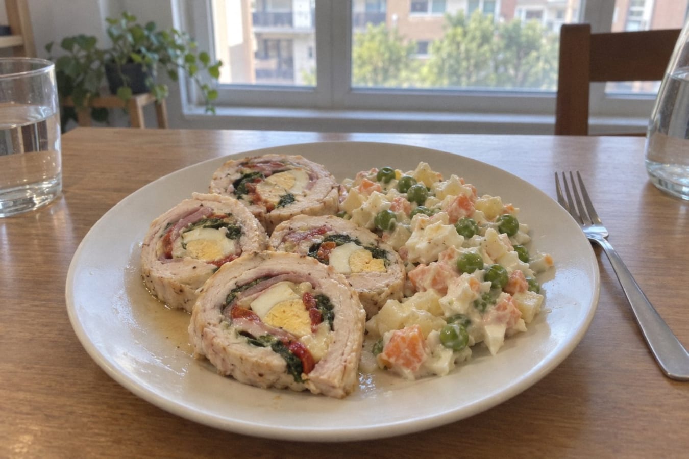 Pollo arrollado con ensalada rusa