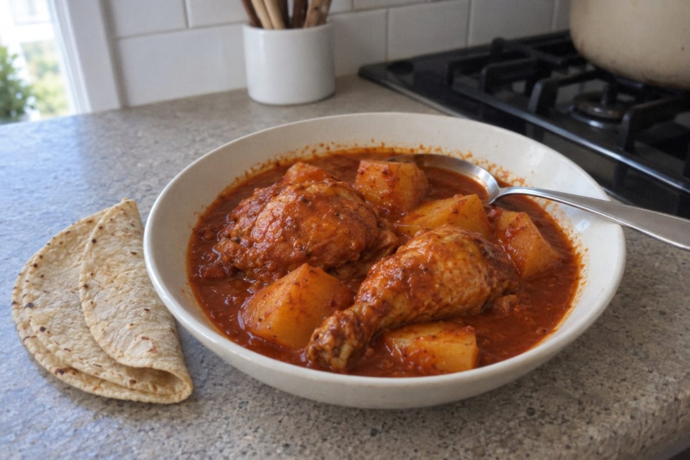 Pollo en salsa roja con papas