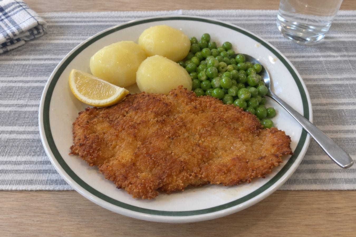 Schnitzel med potatis, ärter och citron