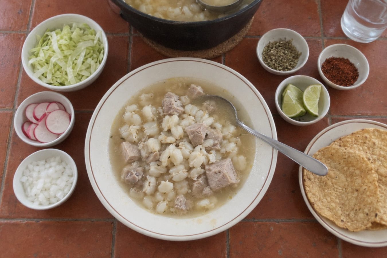 Pozole blanco – white hominy and pork soup