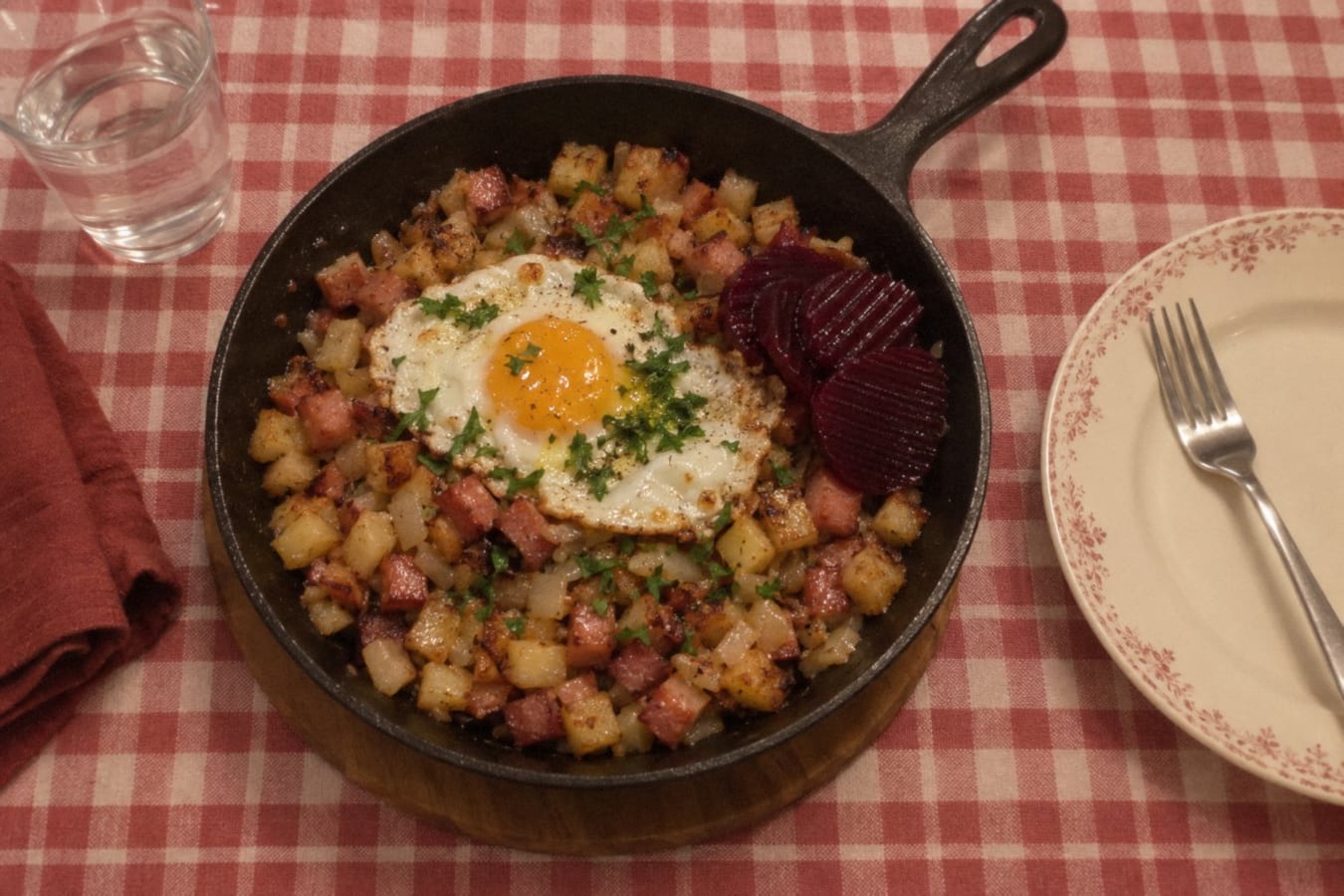 Pytt i panna with fried eggs