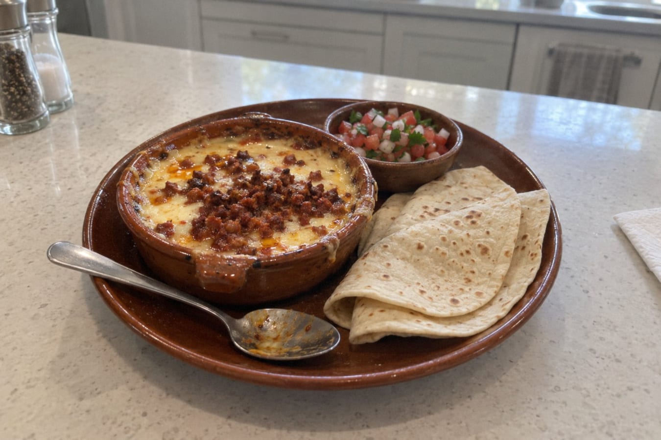 Queso fundido – melted cheese with chorizo and flour tortillas