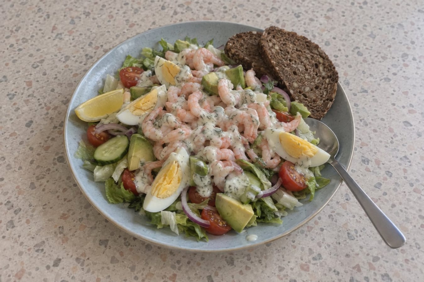 Prawn salad with egg, avocado and wholegrain bread
