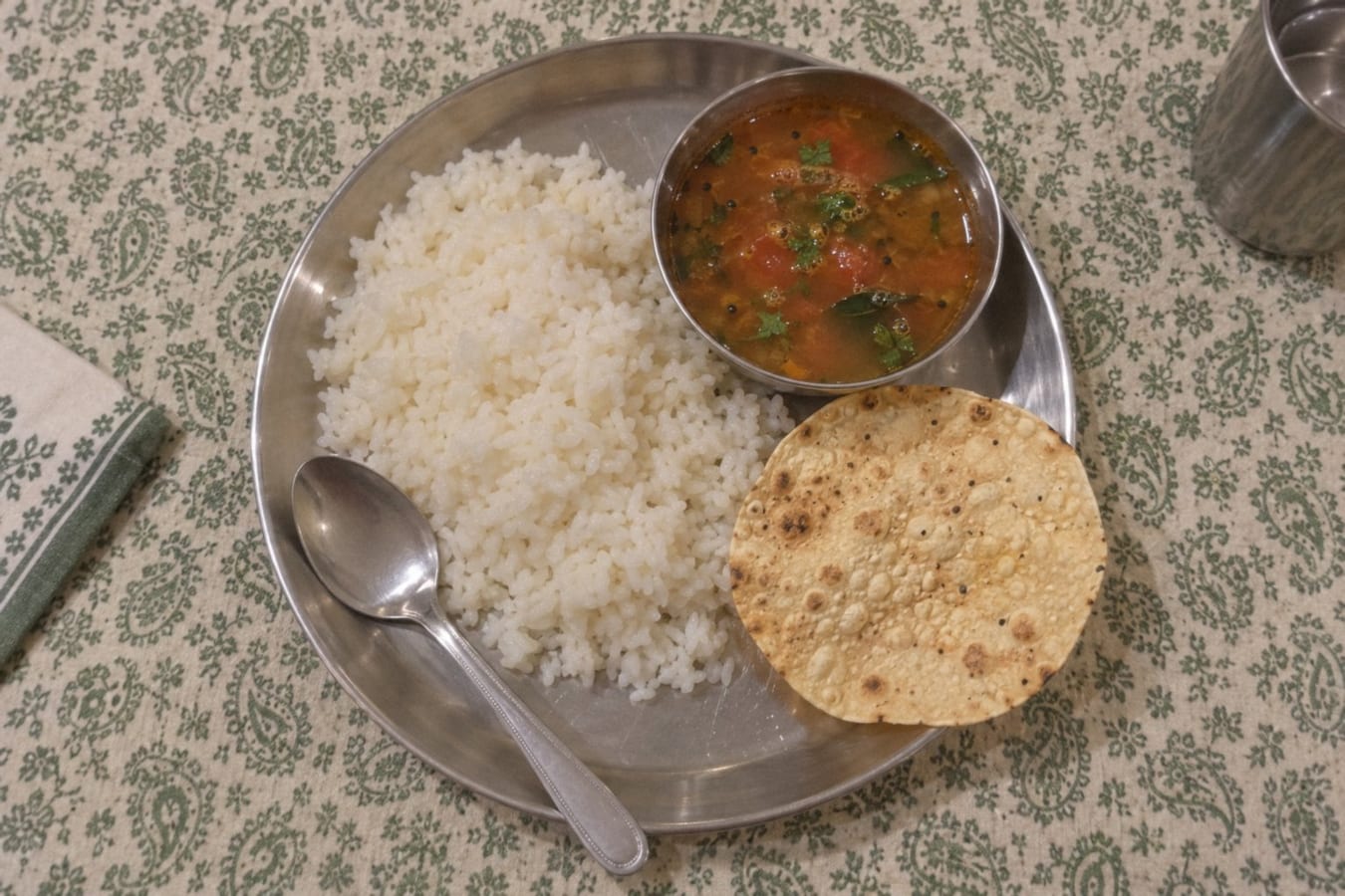 Rasam with rice and papad