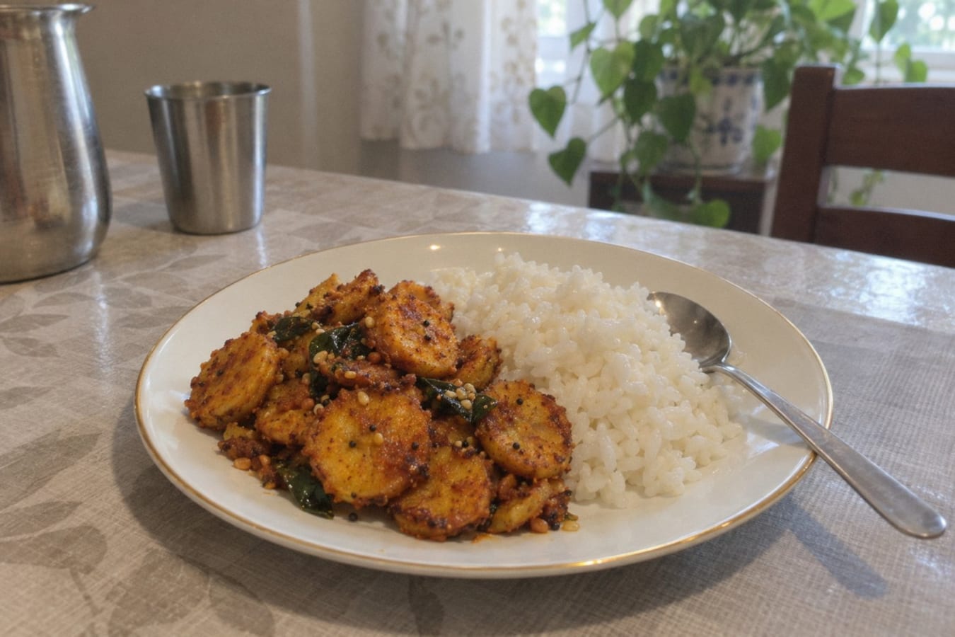 Raw banana fry with rice