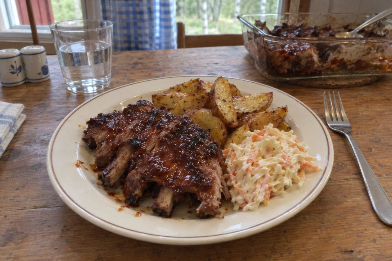 Oven-baked spare ribs with potato wedges and coleslaw