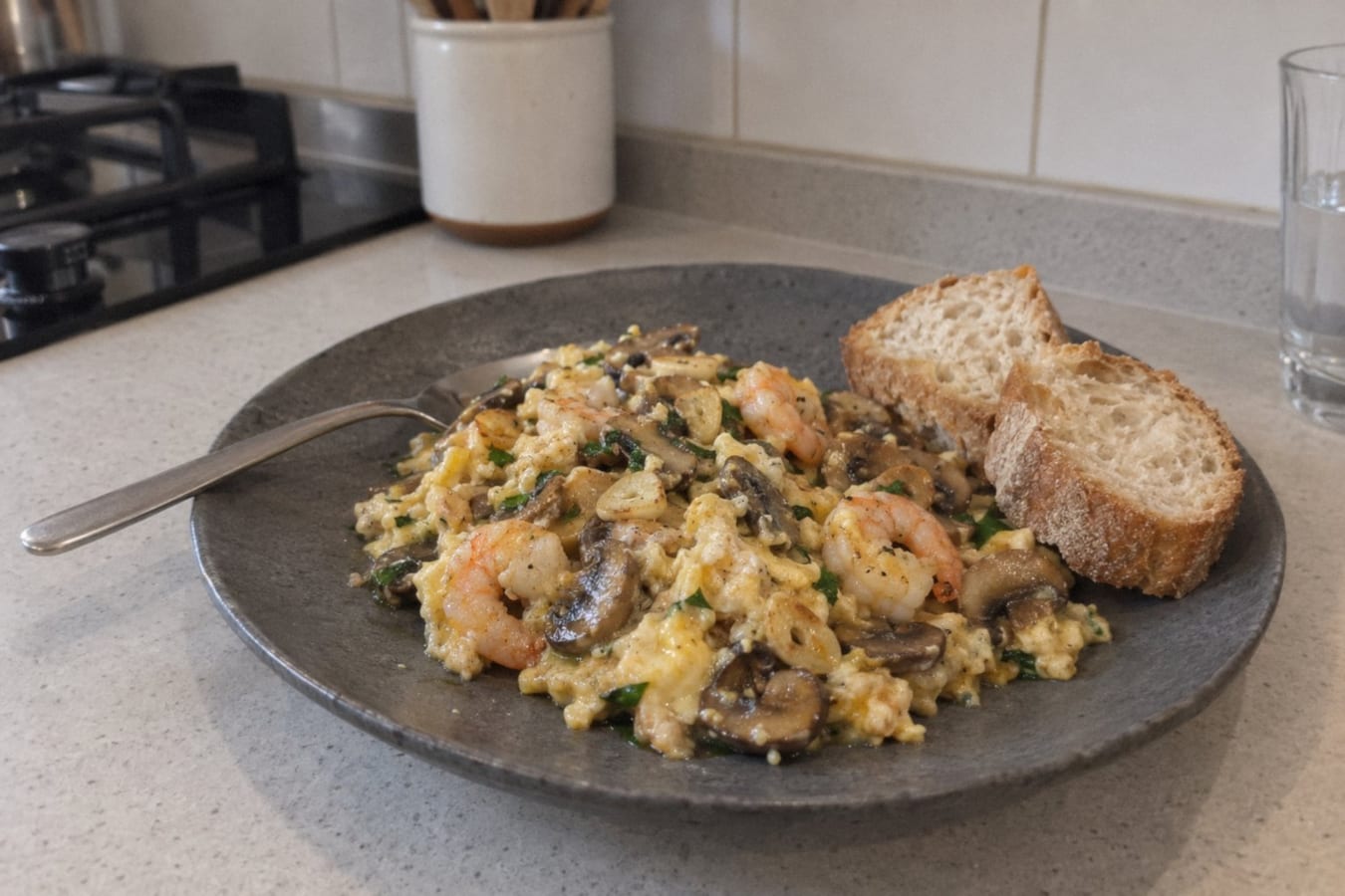 Revuelto – soft scrambled eggs with mushrooms and prawns