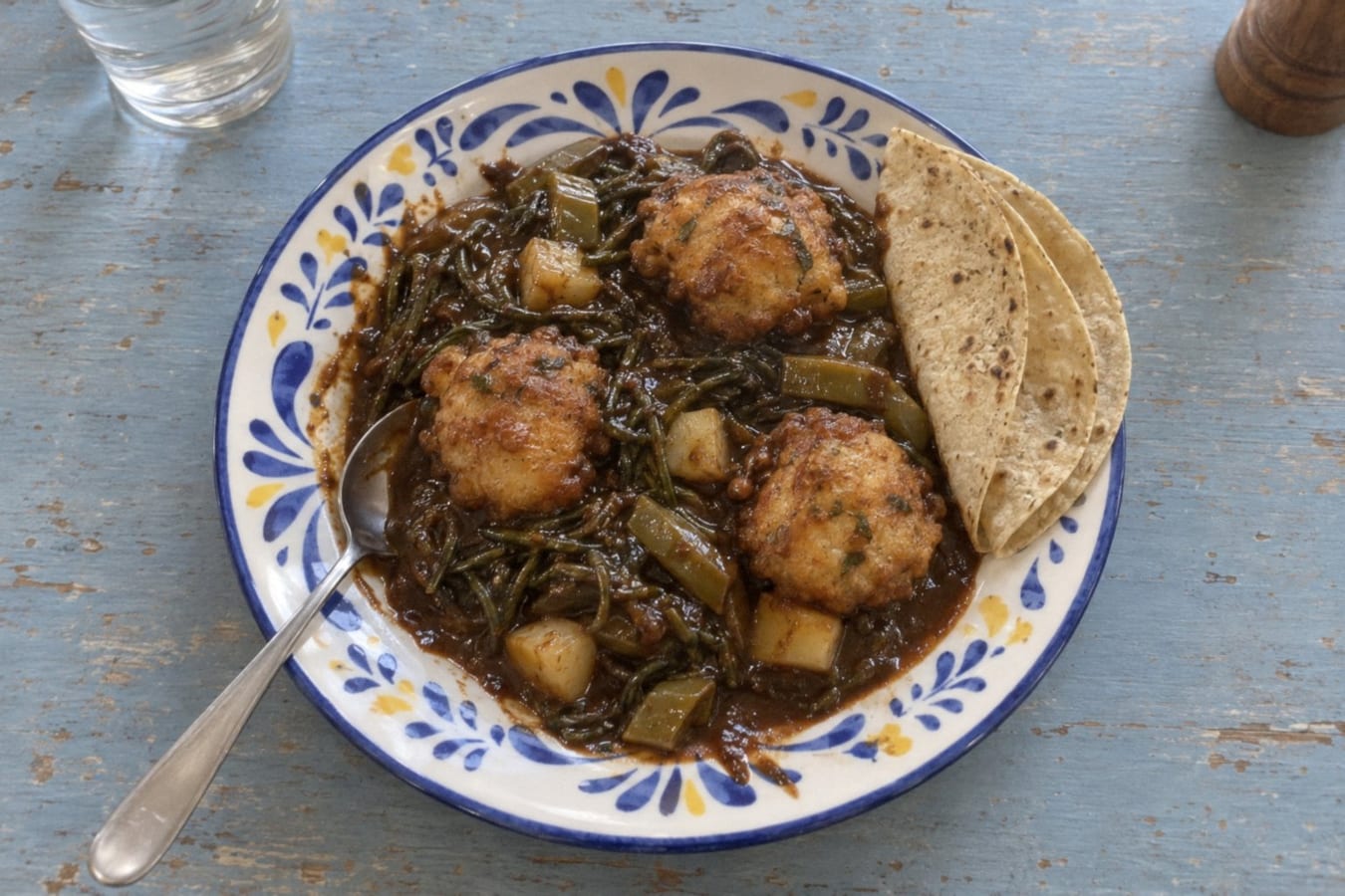 Romeritos – saltört i mole med räkplättar, potatis och nopales