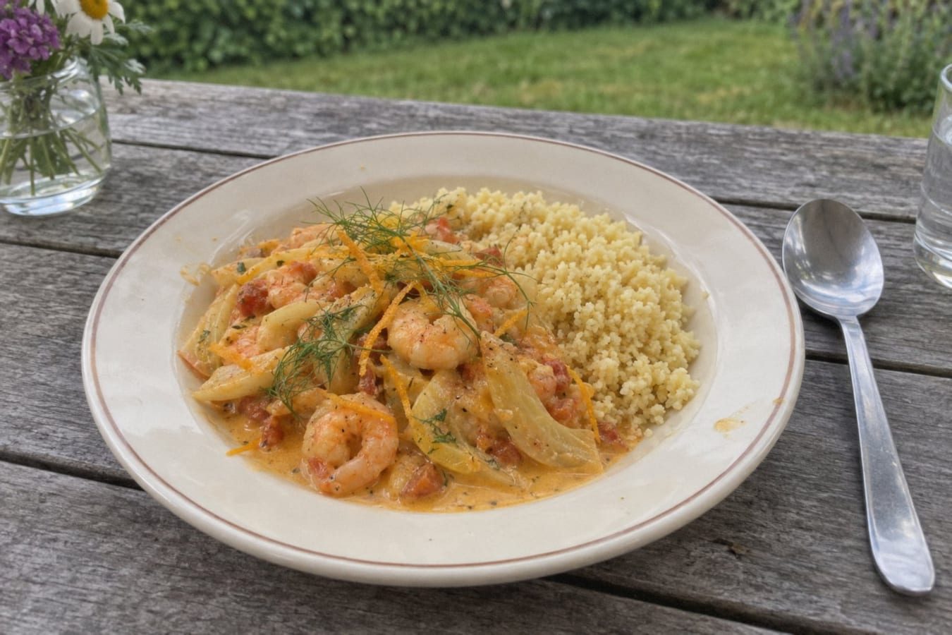 Camarones al azafrán con naranja, hinojo y cuscús