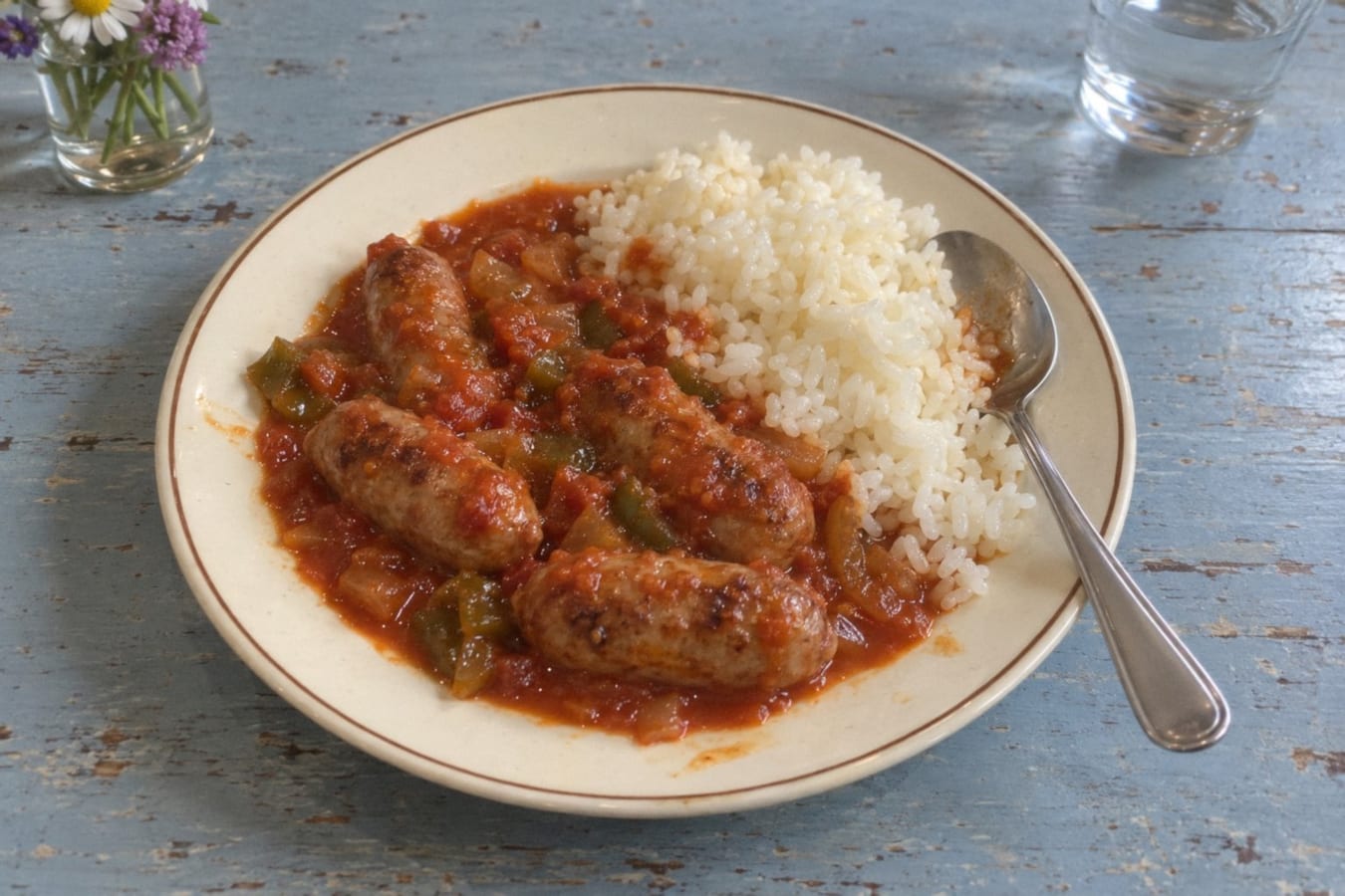 Salchichas con tomate y arroz blanco