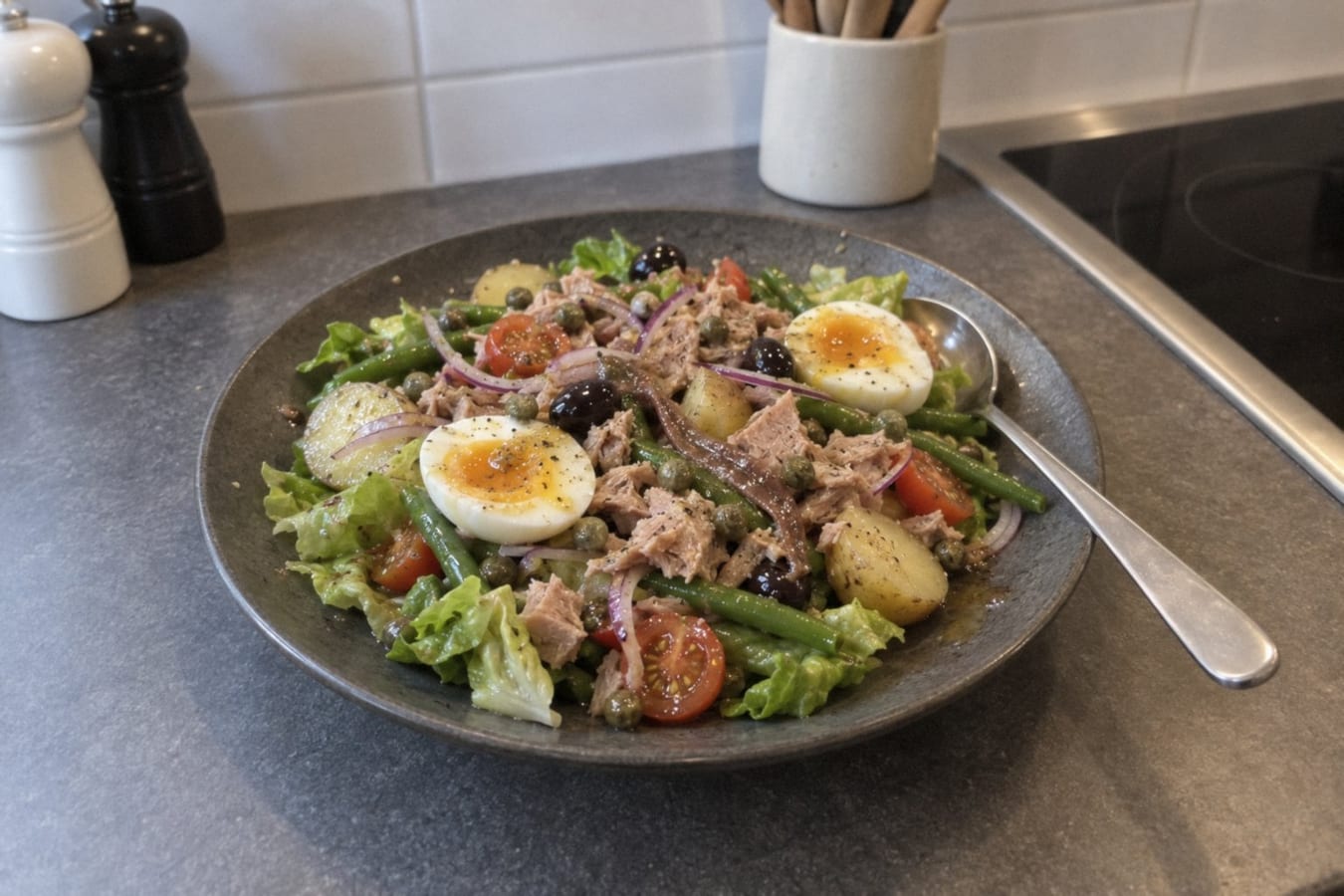Ensalada nizarda con atún, huevo y ejotes