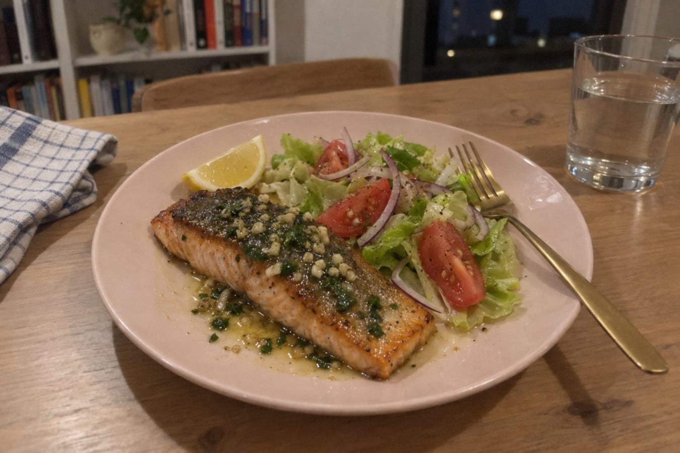 Pan-fried salmon with garlic, parsley and salad