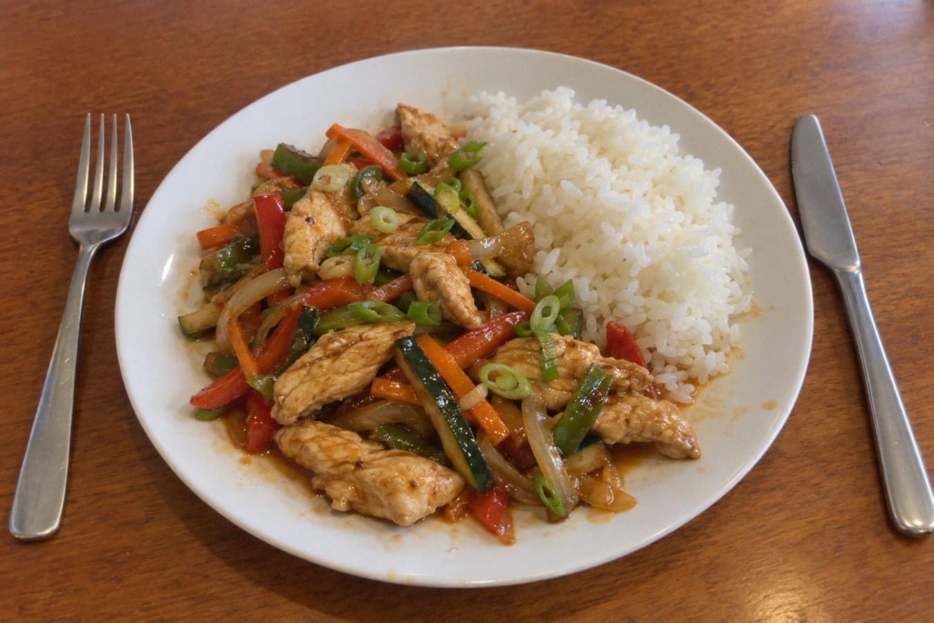 Chicken and vegetable stir-fry with rice