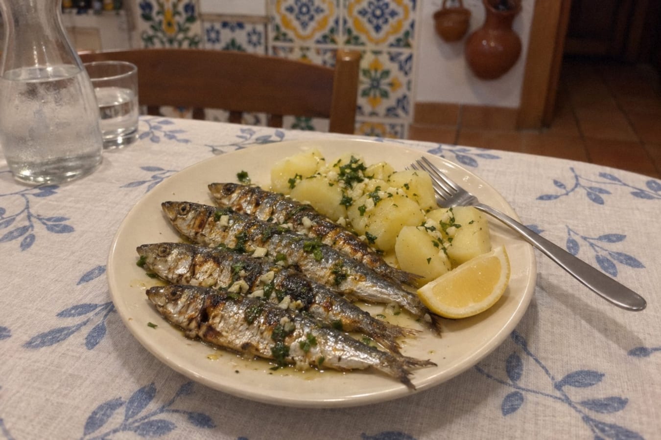 Sardinas a la plancha con patatas cocidas