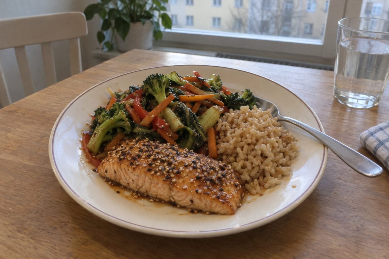 Sesame salmon with stir-fried vegetables and brown rice