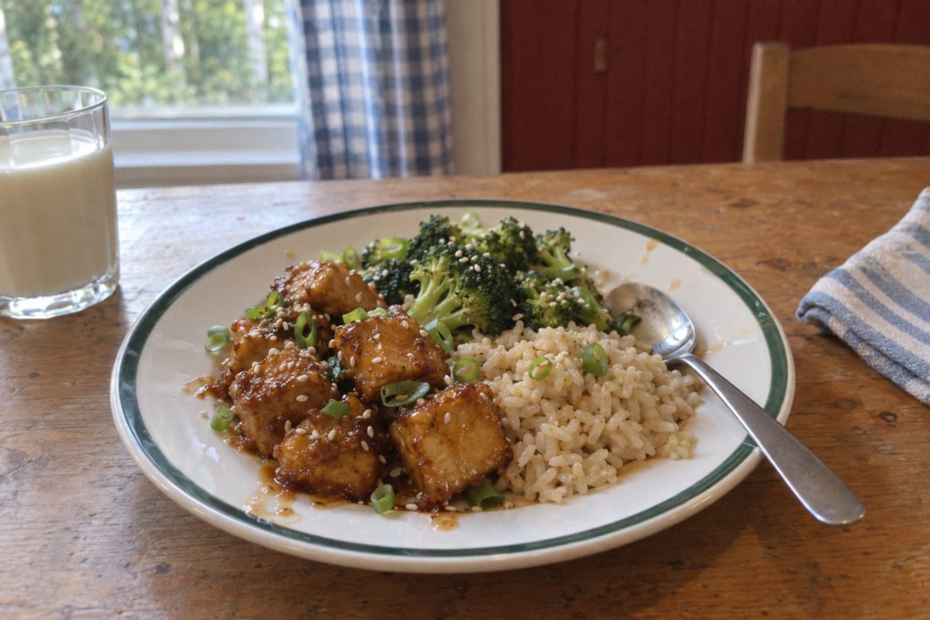 Crispy sesame tofu with broccoli and rice