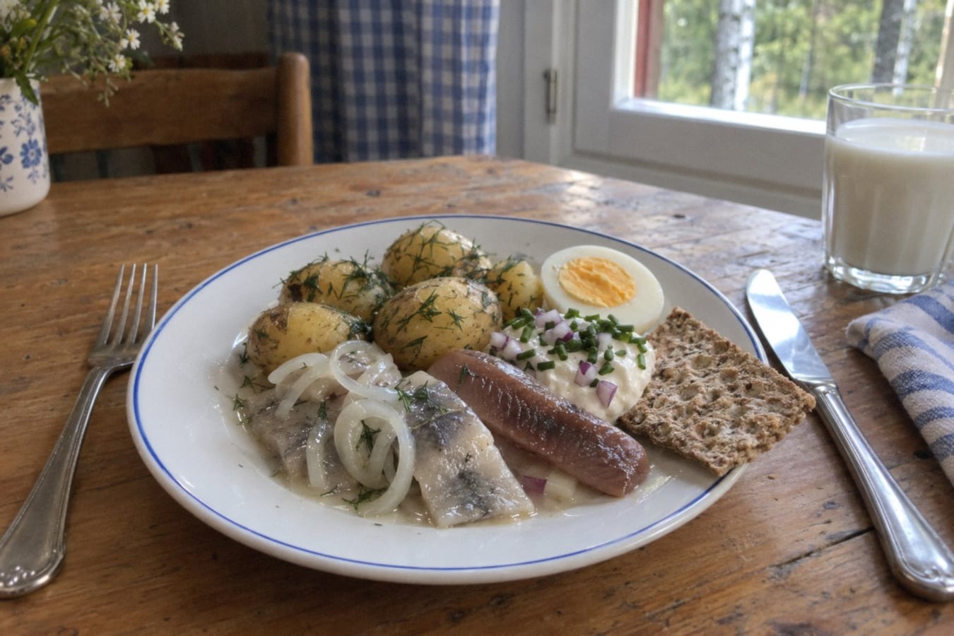 Pickled herring with new potatoes, sour cream and eggs