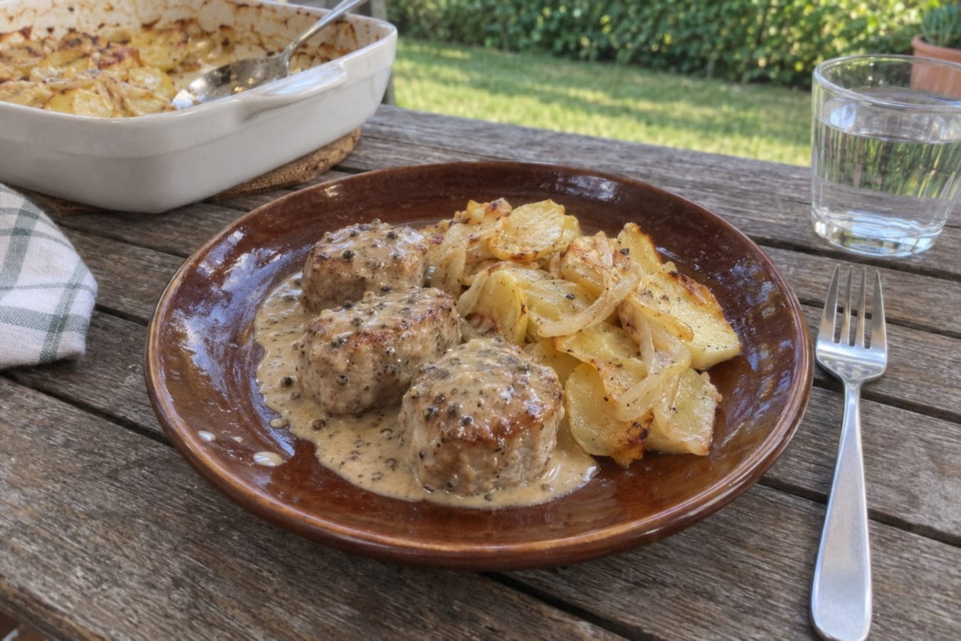 Fläskfilé med pepparsås och ugnsbakad potatis