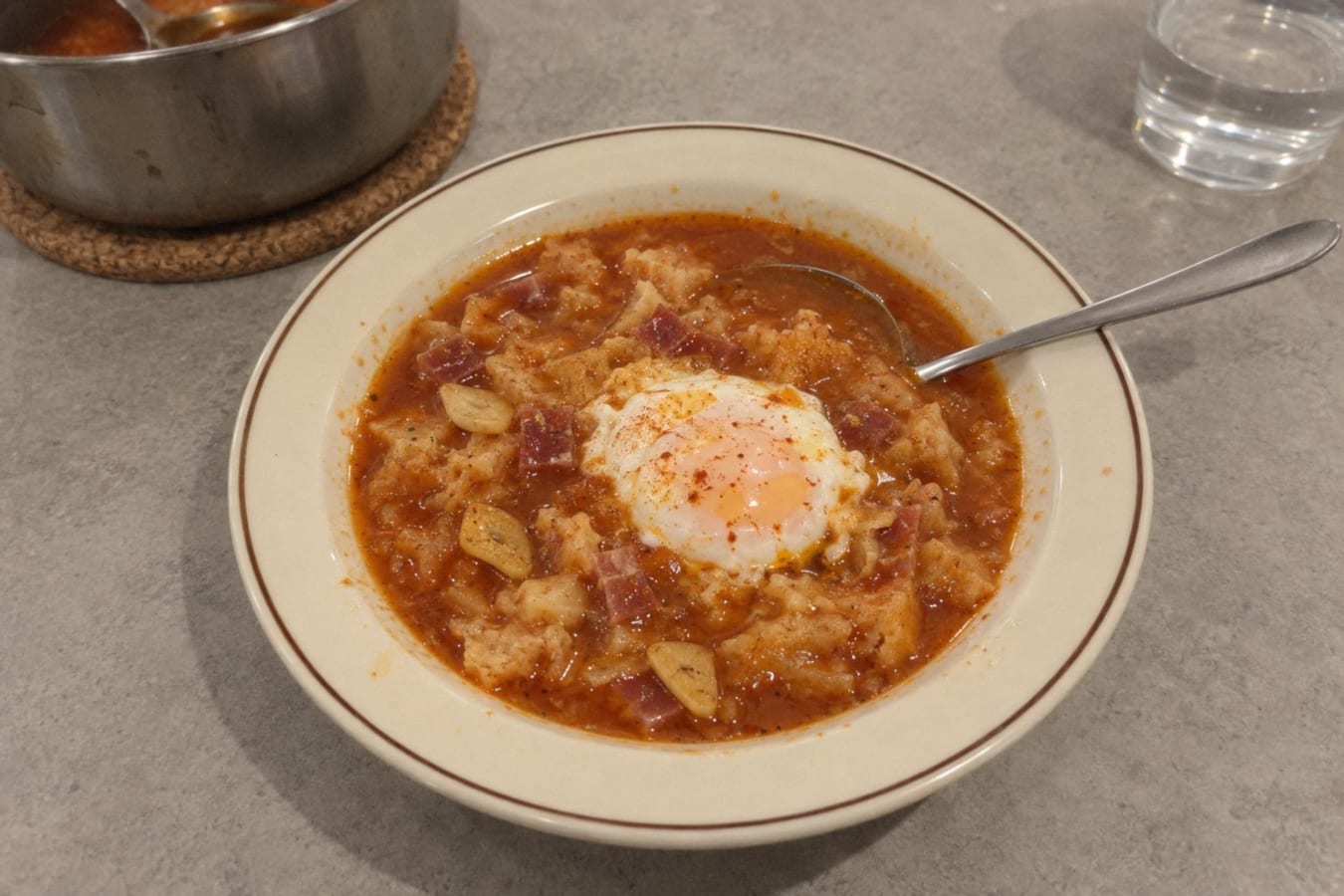 Sopa de ajo – Castilian garlic soup with bread, ham and egg