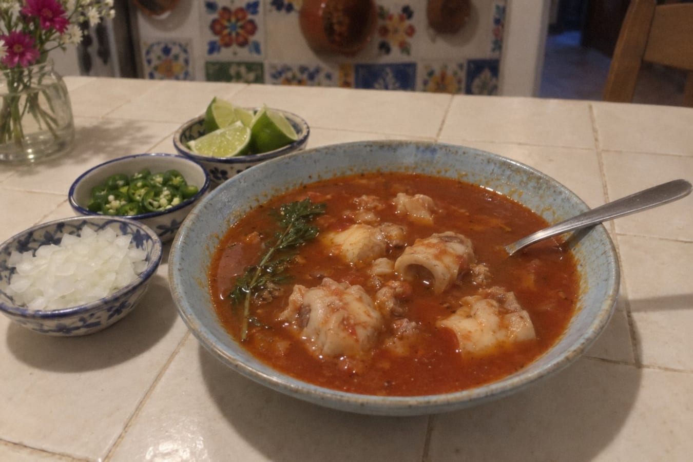 Sopa de médula – beef spinal cord soup in a chilli and tomato broth