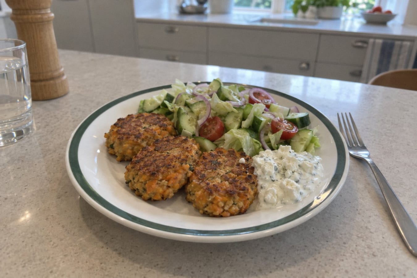 Sötpotatis- och kikärtsbiffar med yoghurtsås och sallad
