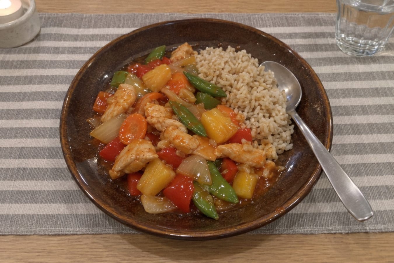 Salteado de pollo agridulce con piña y pimiento