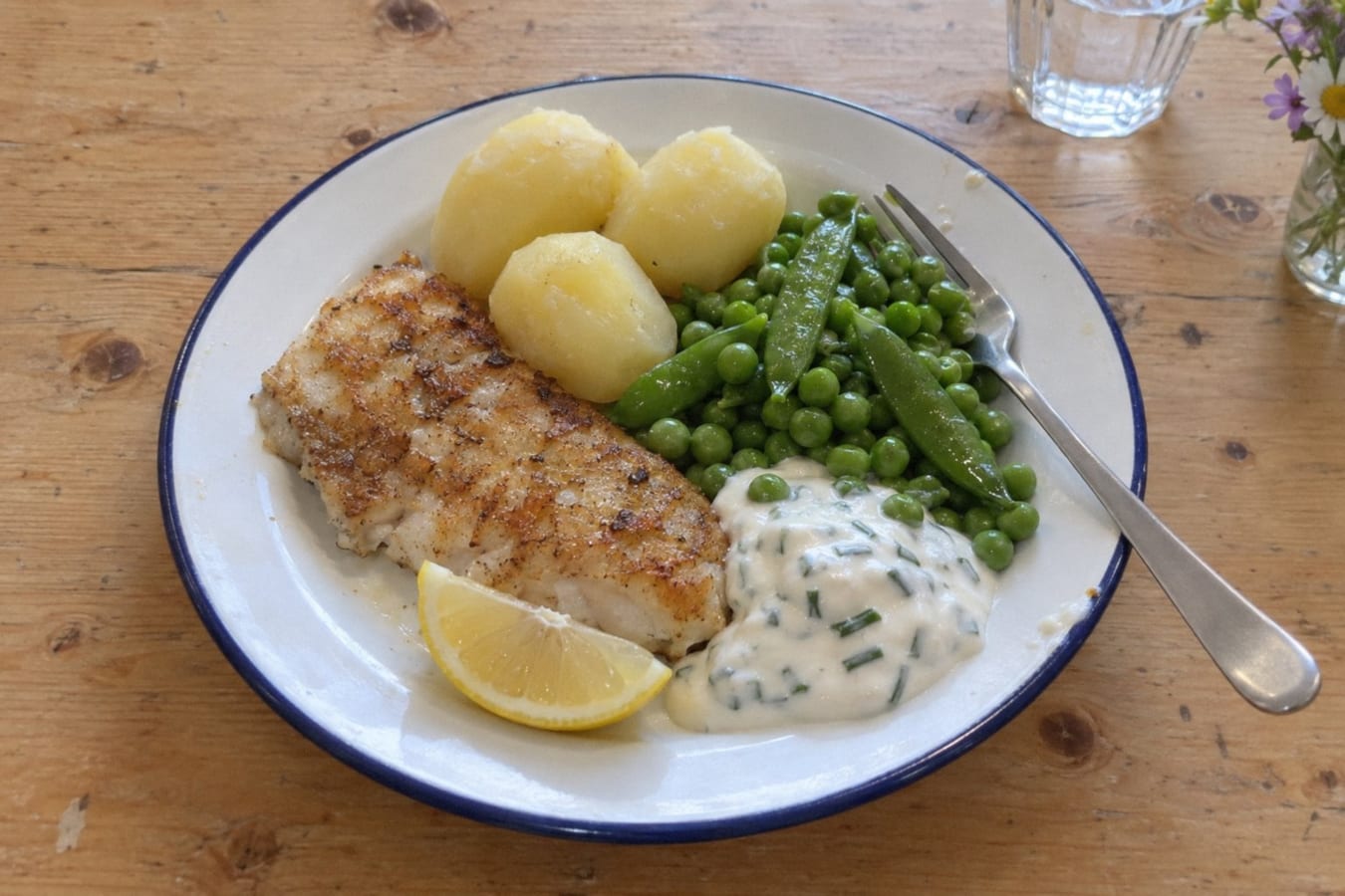 Pan-fried saithe with peas, potatoes and lemon