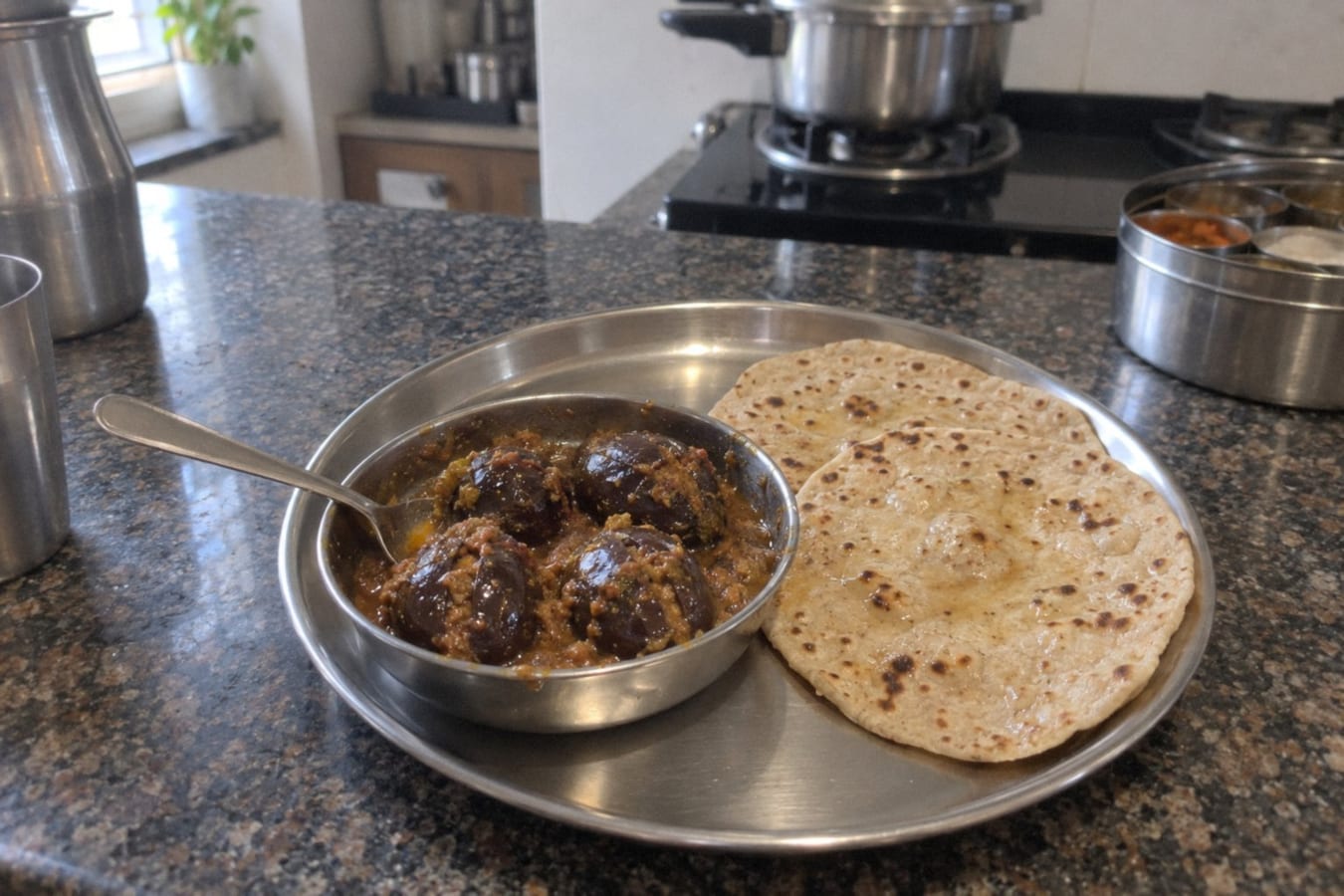 Bharwan baingan (stuffed brinjal) with roti