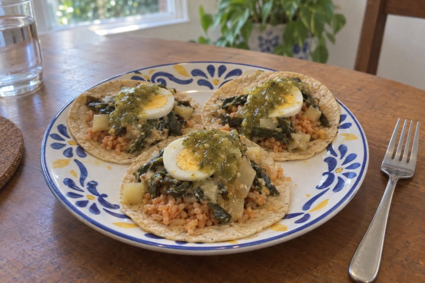 Tacos de guisado – poblano and potato tacos with rice and egg