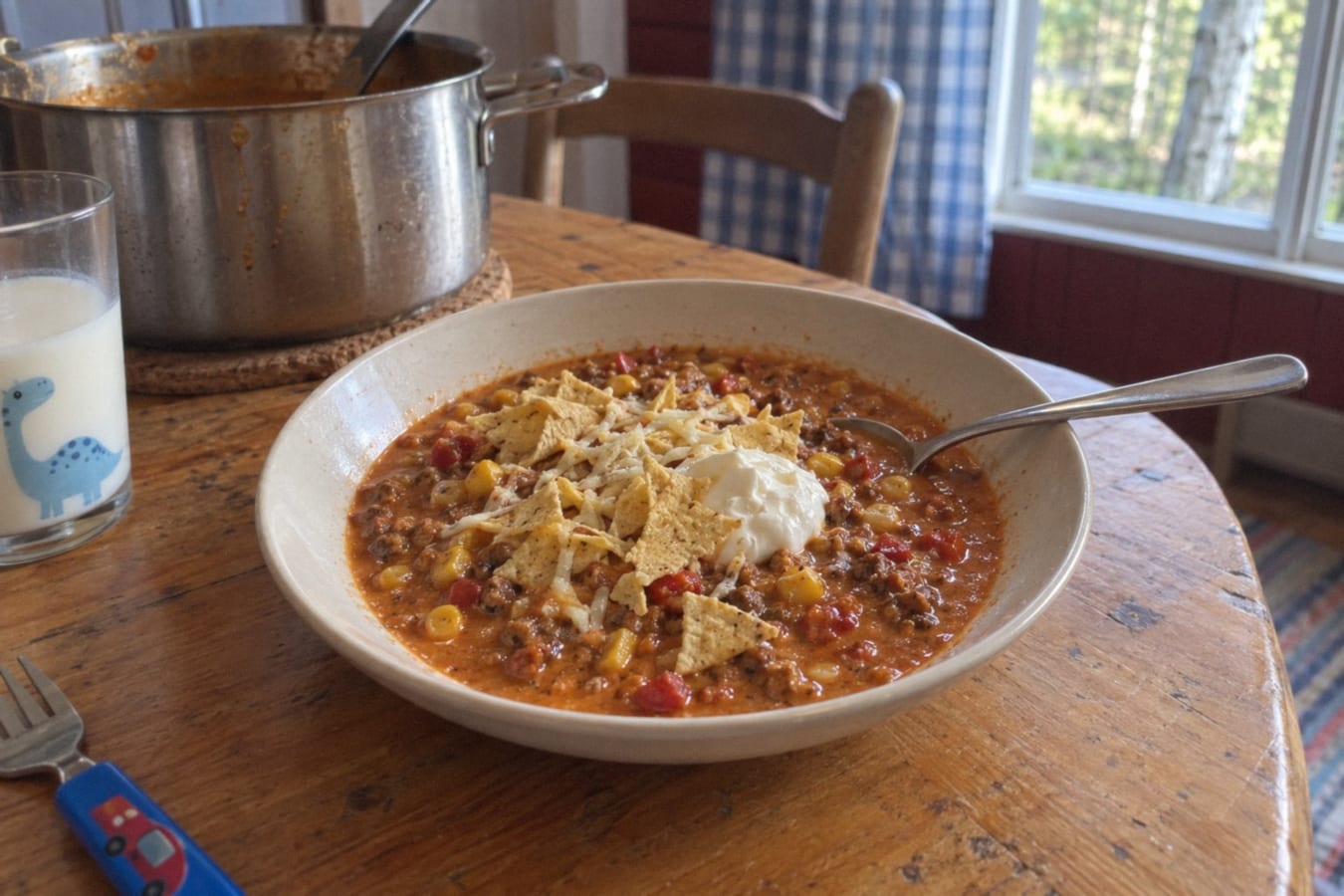 Taco soup with cream cheese and tortilla chips