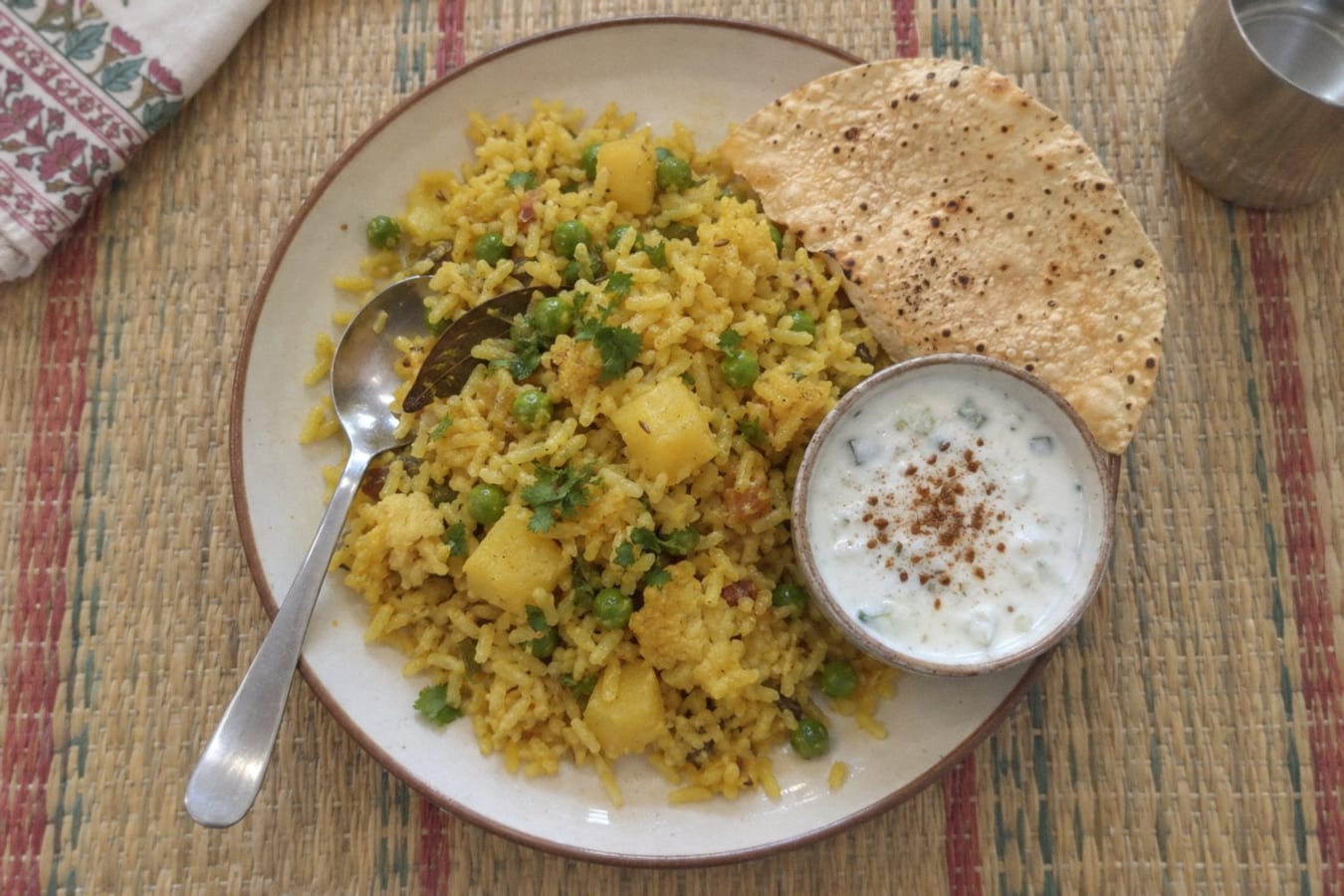Tehri with raita and papad